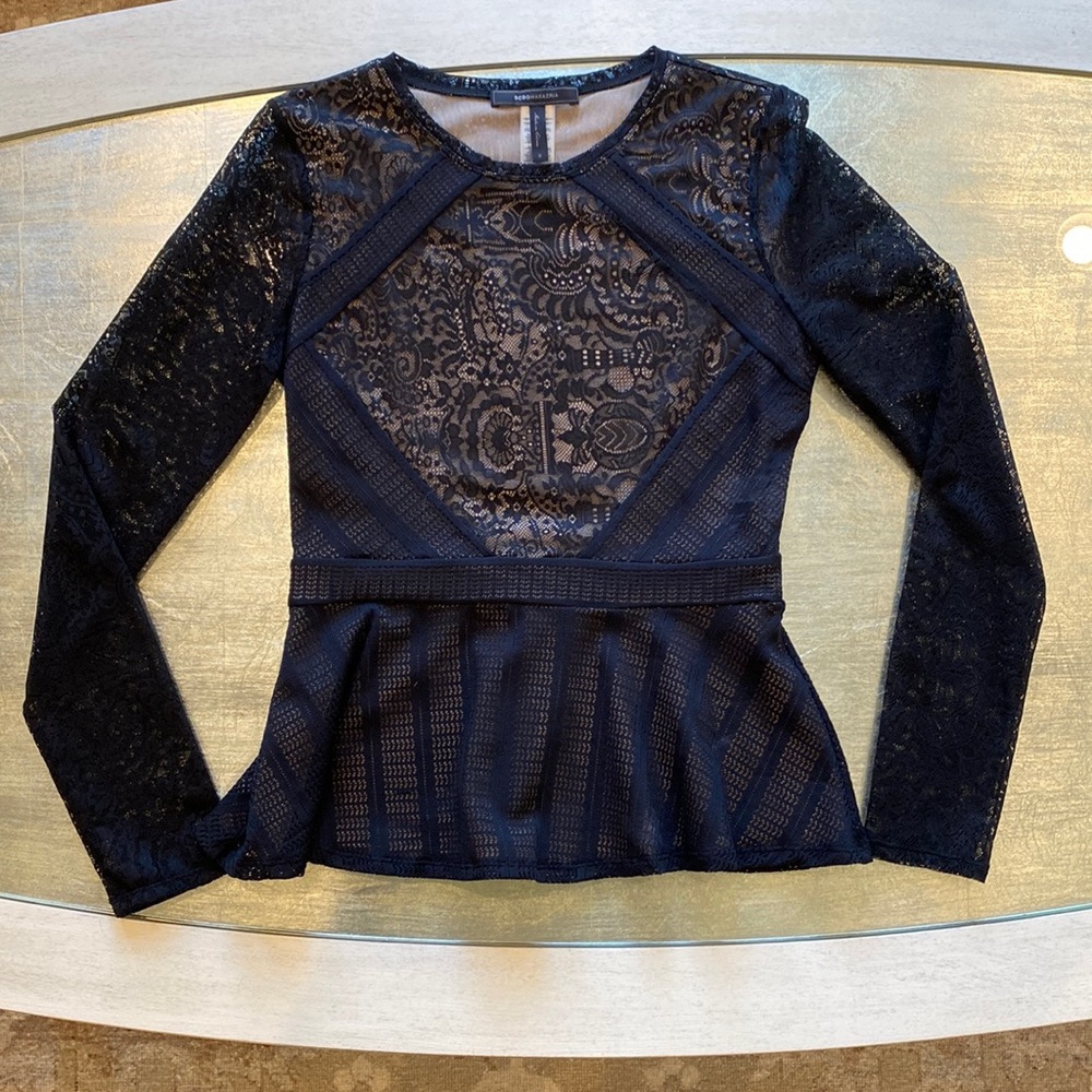 BCBG MAXAZRIA black lace peplum top SIZE SMALL. Like new!!